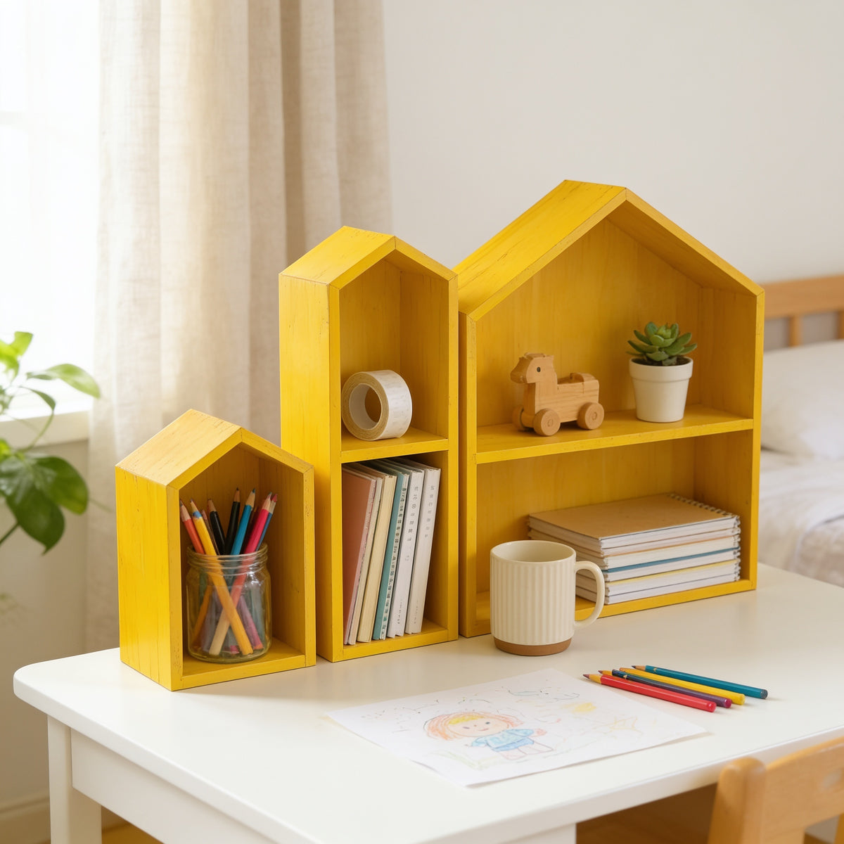 Lumiwee Linden wooden house desk organizer, Yellow – Set of 3 option, in a bright room