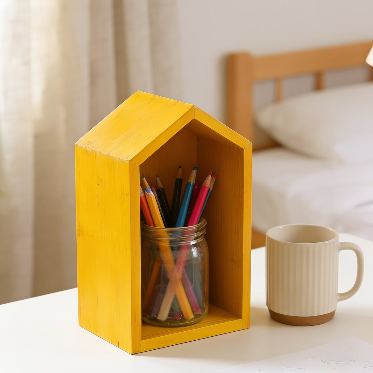 Lumiwee Linden wooden house desk organizer, Yellow – Small option, in a bright room