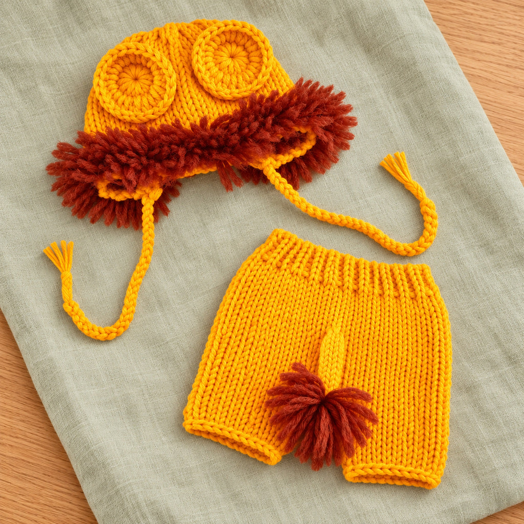 Lion mane cap and short pants on sage linen