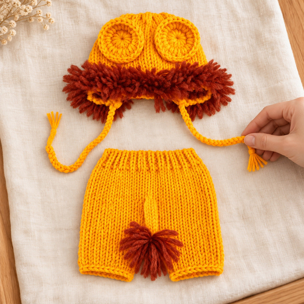 Adult hand arranging the Lion cap tie for a photo