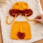 Adult hand arranging the Lion cap tie for a photo