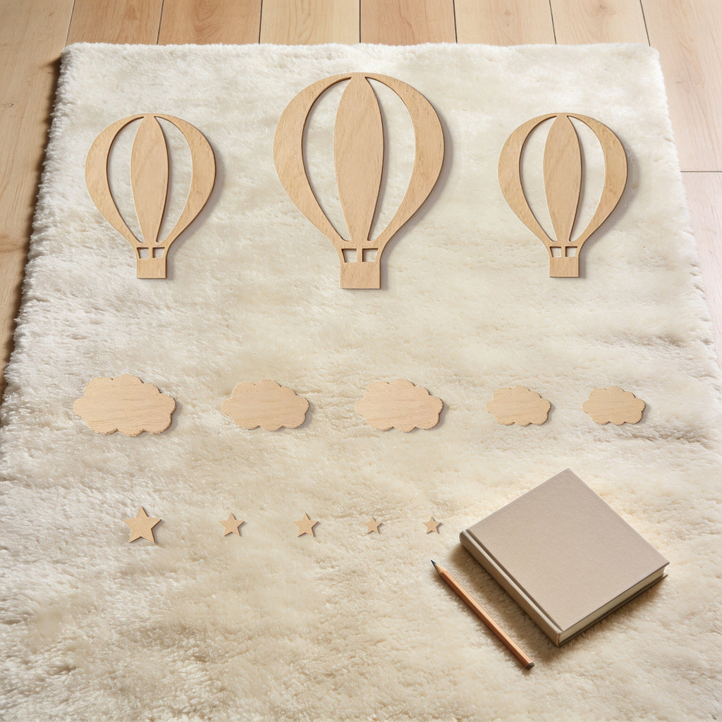 Lumiwee Lofty wooden hot air balloon wall decor: planning the layout of the 13 pieces on a rug