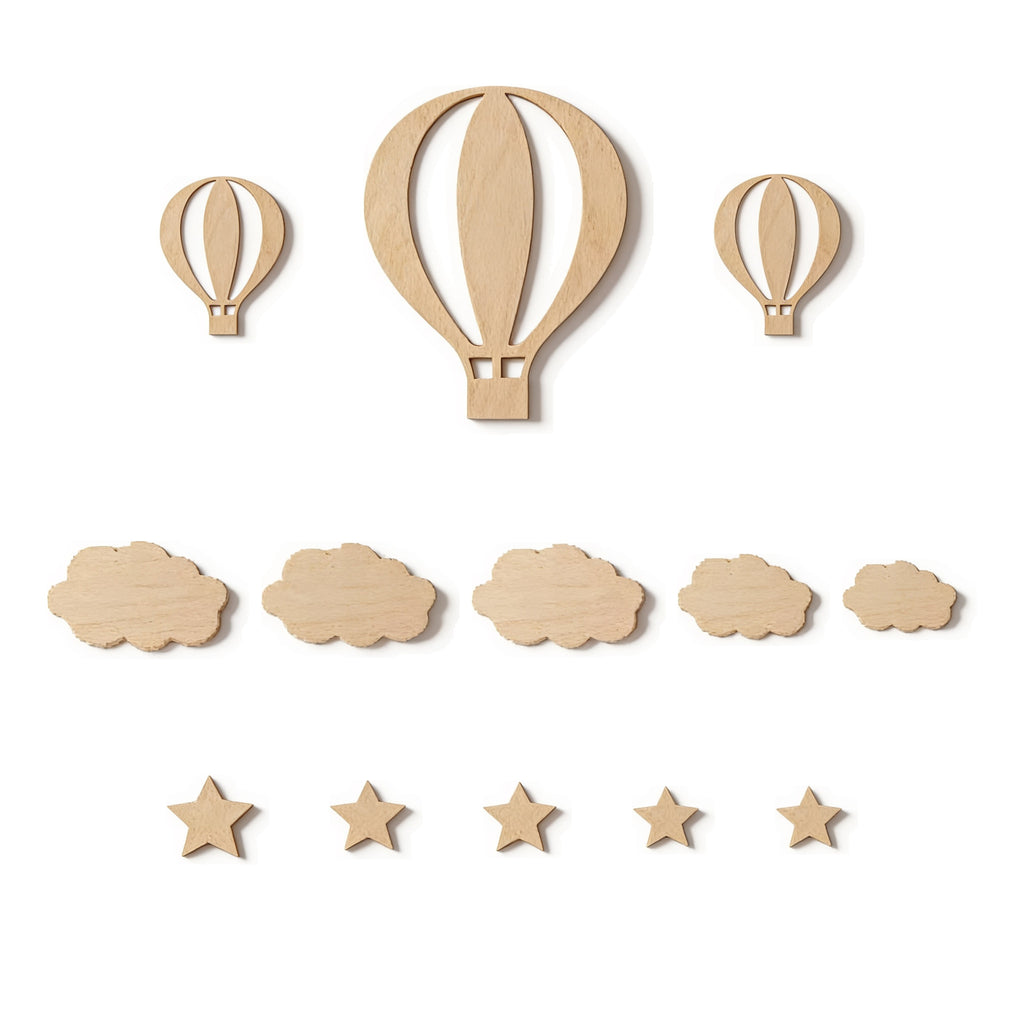 Lumiwee Lofty wooden hot air balloon wall decor: all 13 pieces: 3 balloons, 5 clouds and 5 stars