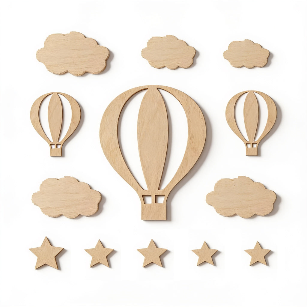 Lumiwee Lofty wooden hot air balloon wall decor: wooden hot air balloon wall decor set on a white background