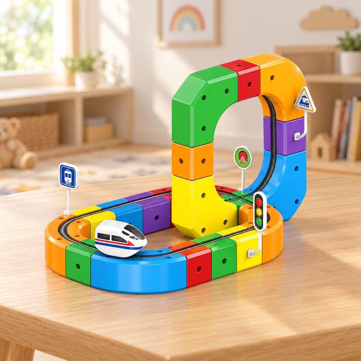 Lumiwee single-set Loop train track layout on an oak play table