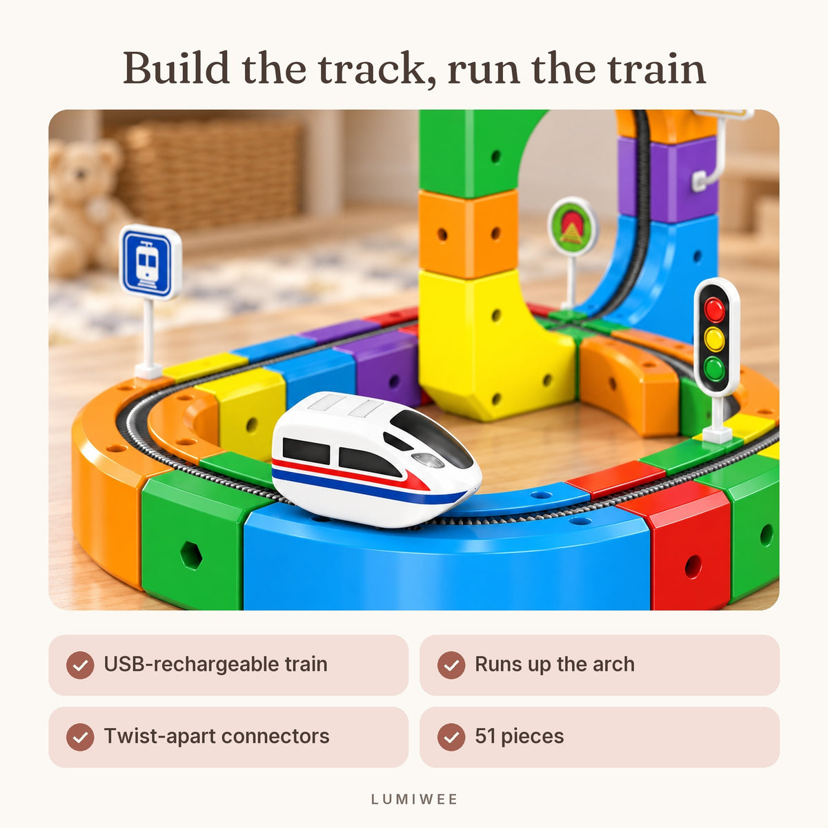 Lumiwee infographic: Loop Train Track Set - Build the track, run the train