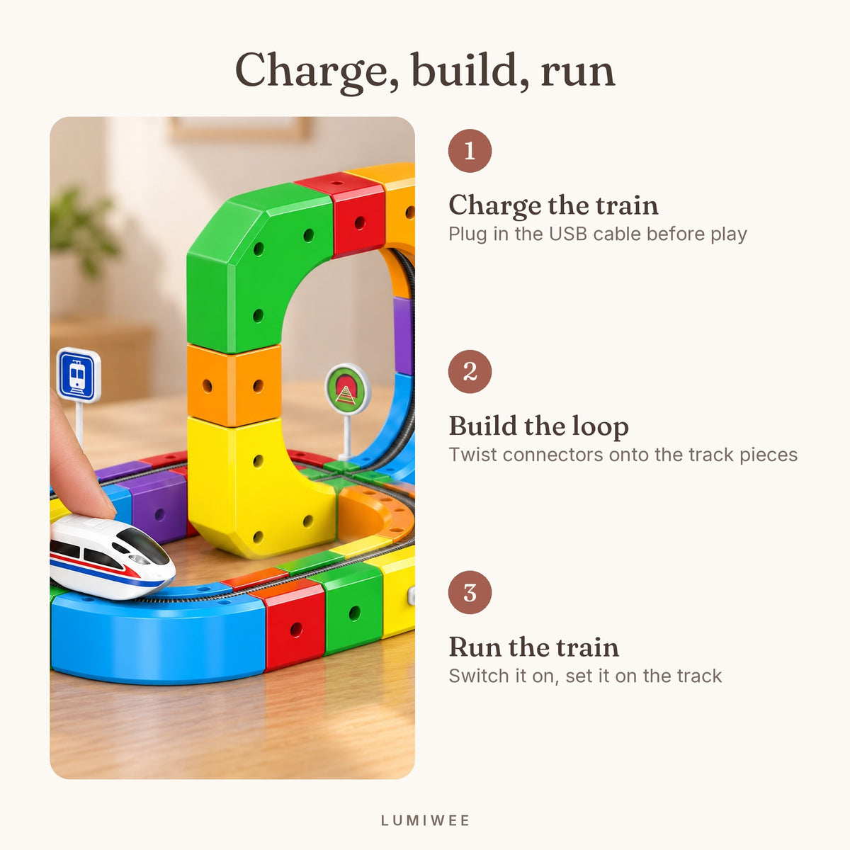 Lumiwee infographic: Loop Train Track Set - Charge, build, run