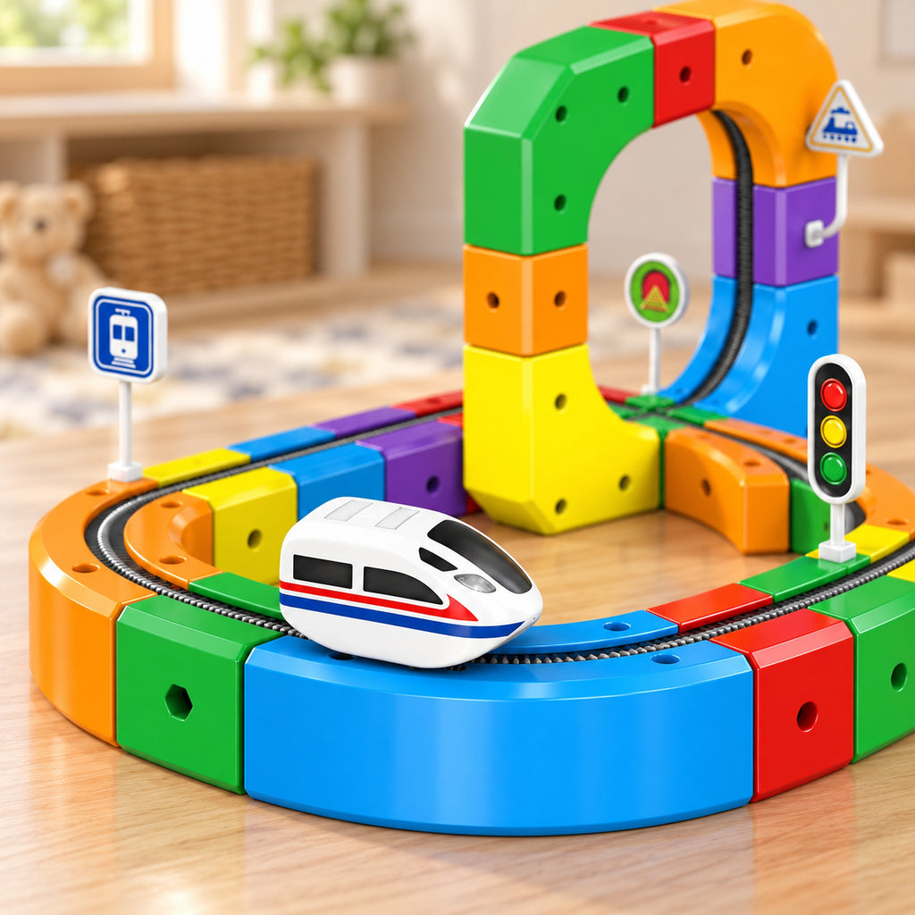 Close-up of the Loop bullet train on the blue curved track
