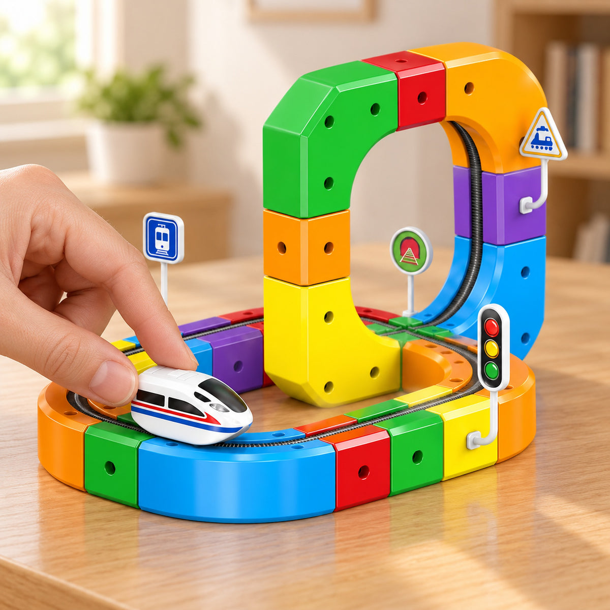 Adult hand placing one Loop train onto the track