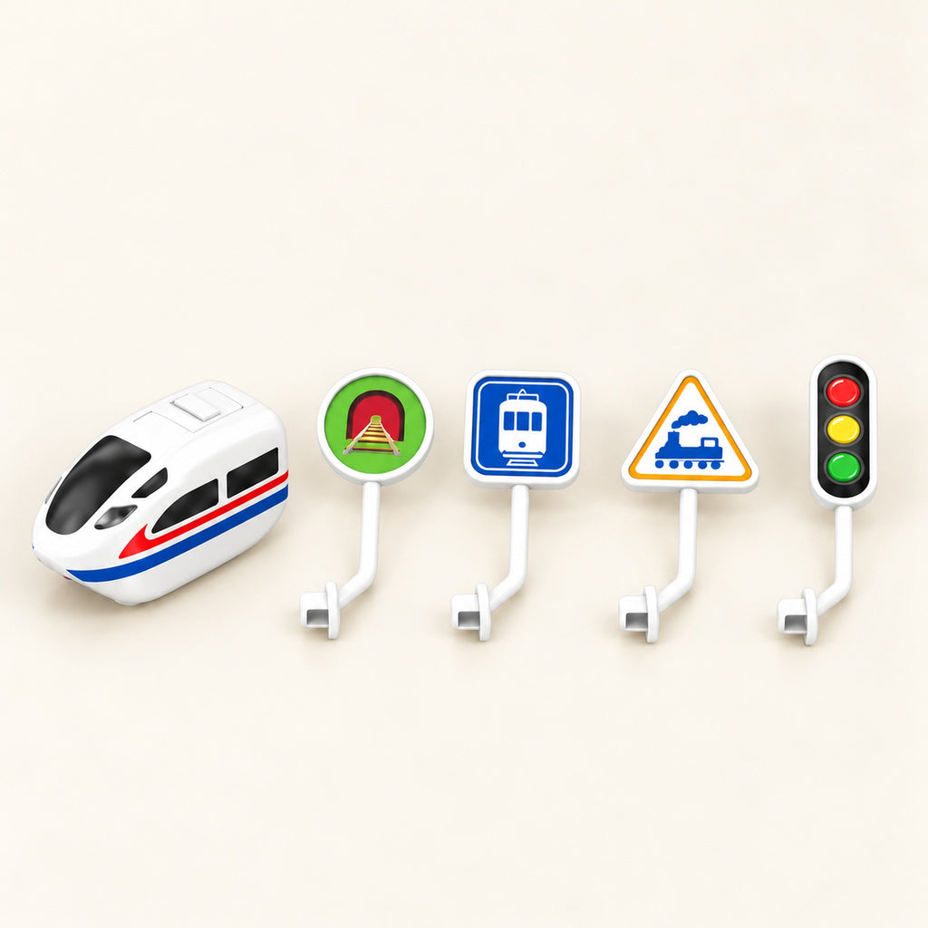 Loop set accessory detail: one train, three signs and traffic signal