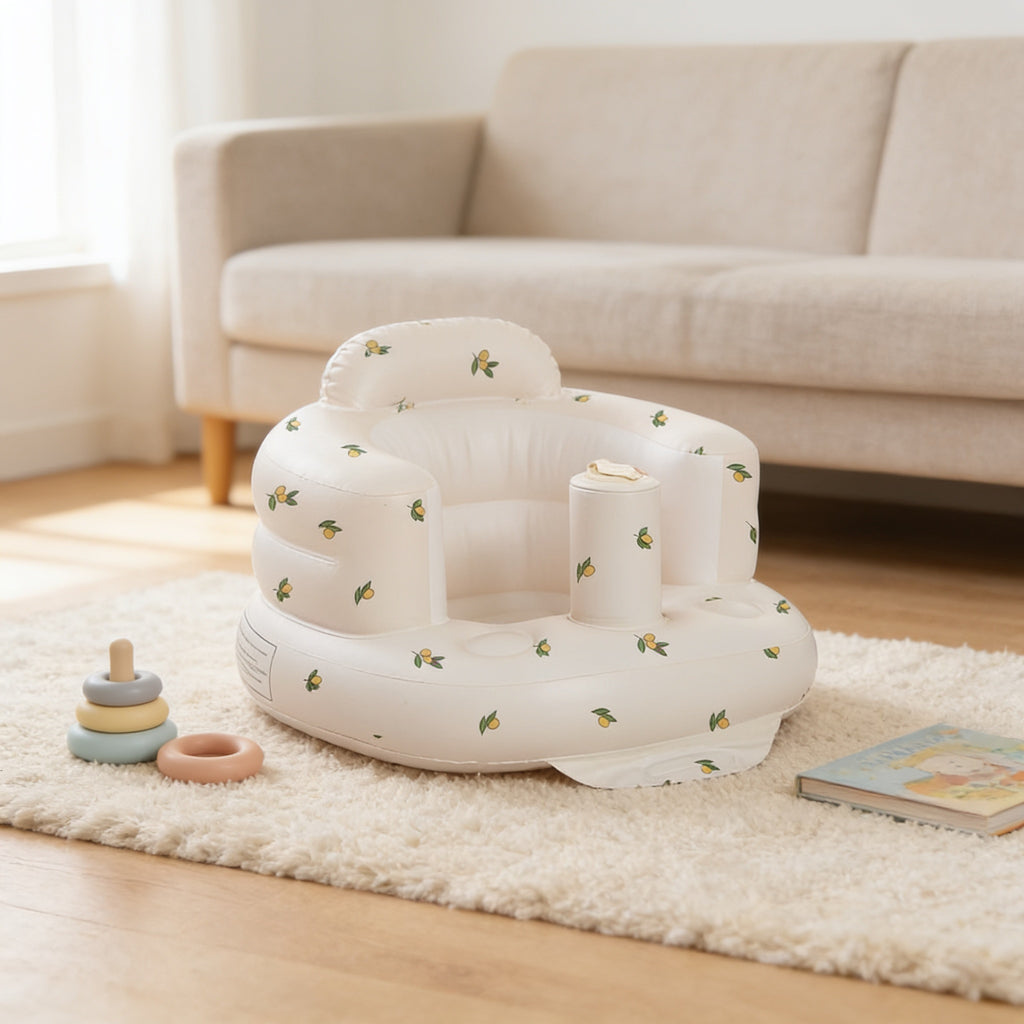 Lumiwee Mallow inflatable baby floor seat: empty inflatable baby floor seat on a living room rug