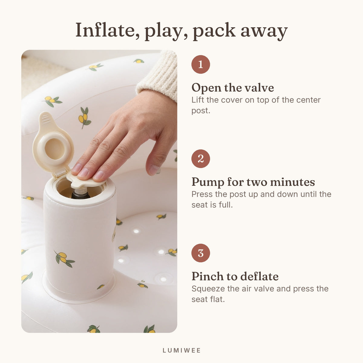 Lumiwee infographic: Mallow - Inflate, play, pack away