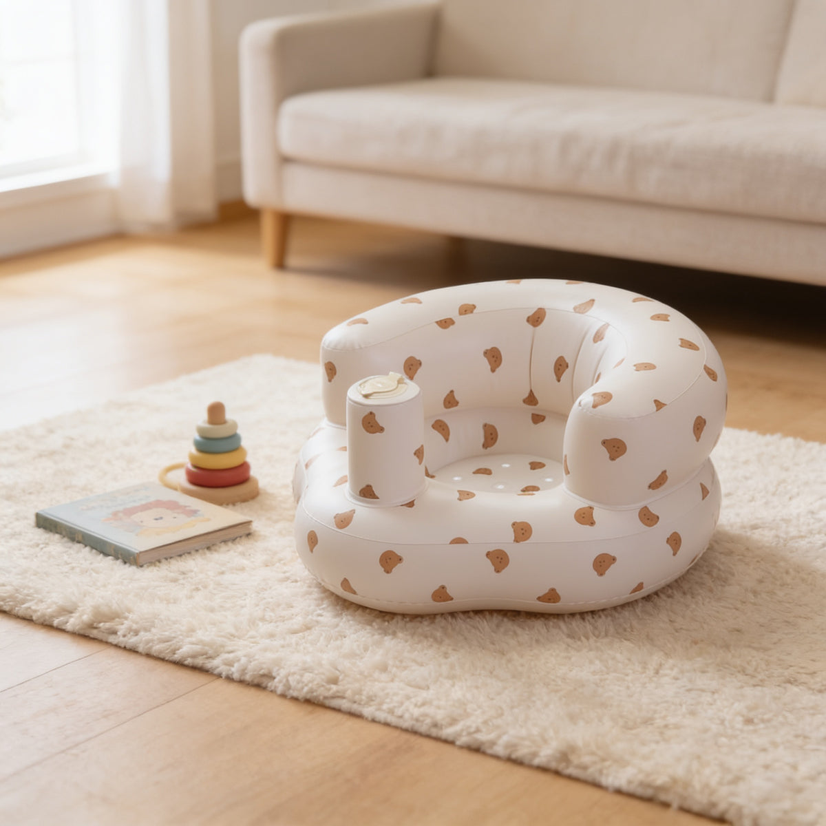Lumiwee Mallow inflatable baby floor seat, Bear option, in a bright room