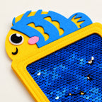 Close-up of blue flip sequins and stitched yellow felt rim on the fish texture mat