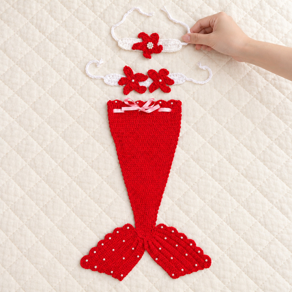 Adult hand arranging the red starfish headband beside the mermaid photo-prop set
