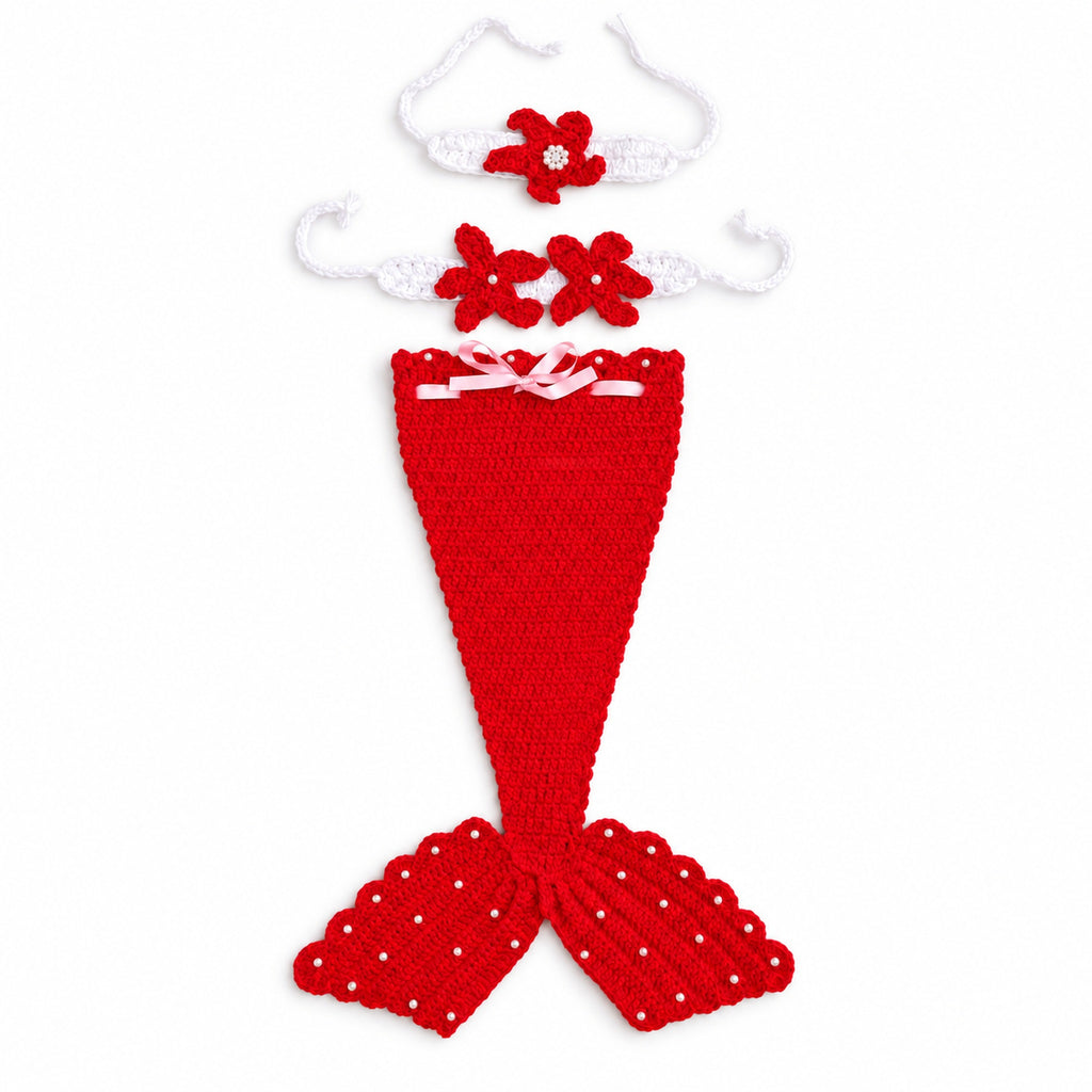 Red crochet mermaid photo-prop set on white
