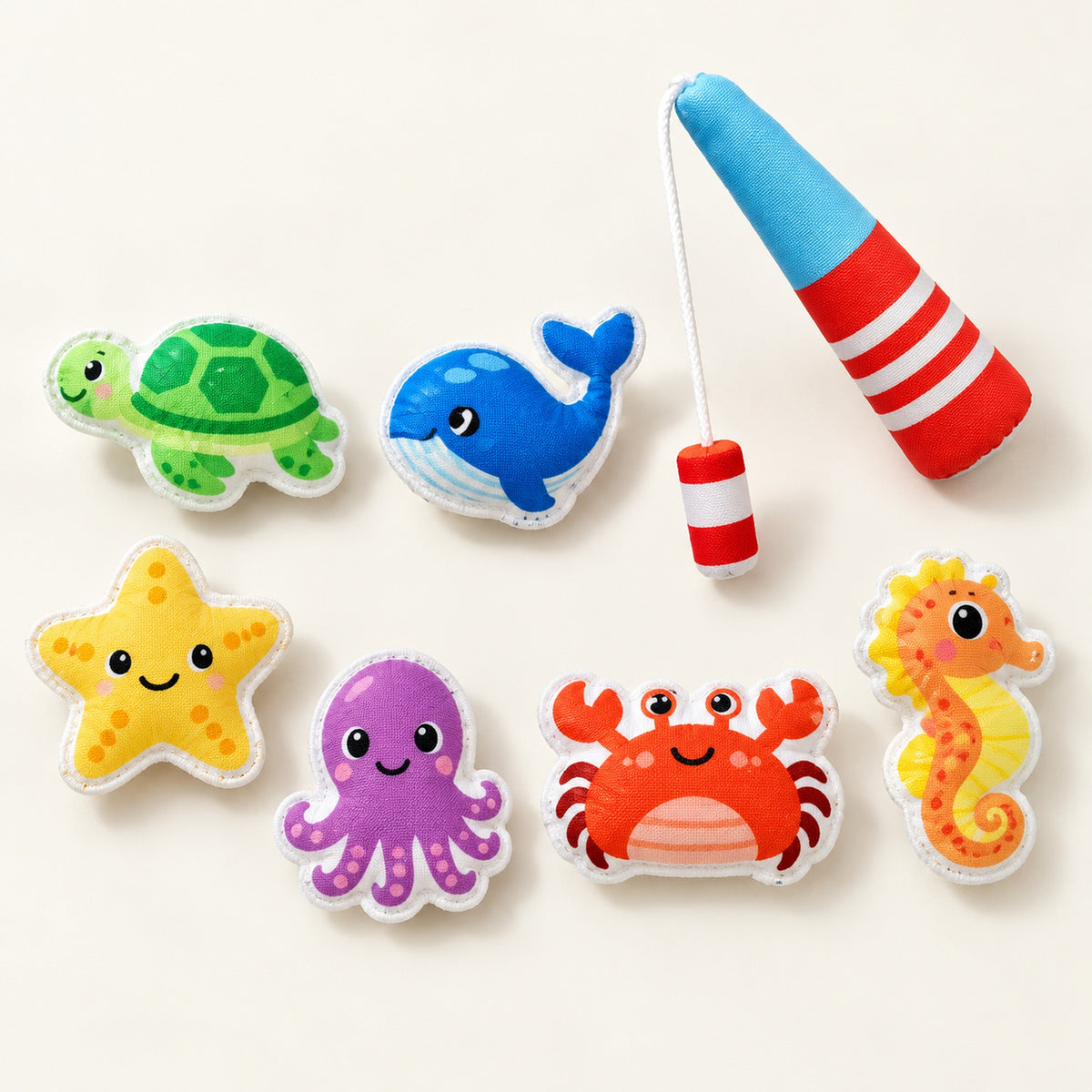Mini set close-up: six fabric sea animals and one soft magnetic fishing rod