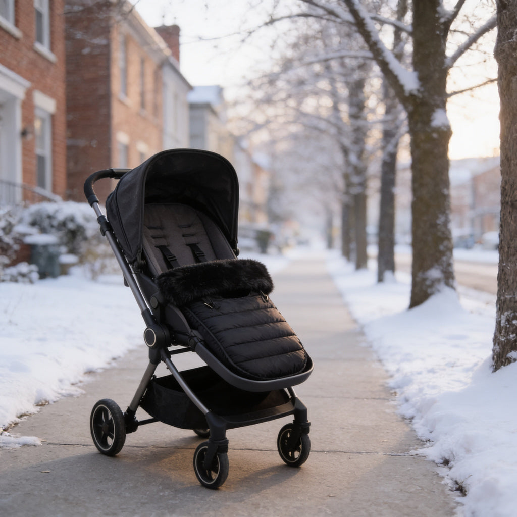Lumiwee Mitten stroller bunting bag: footmuff in a stroller on a snowy sidewalk