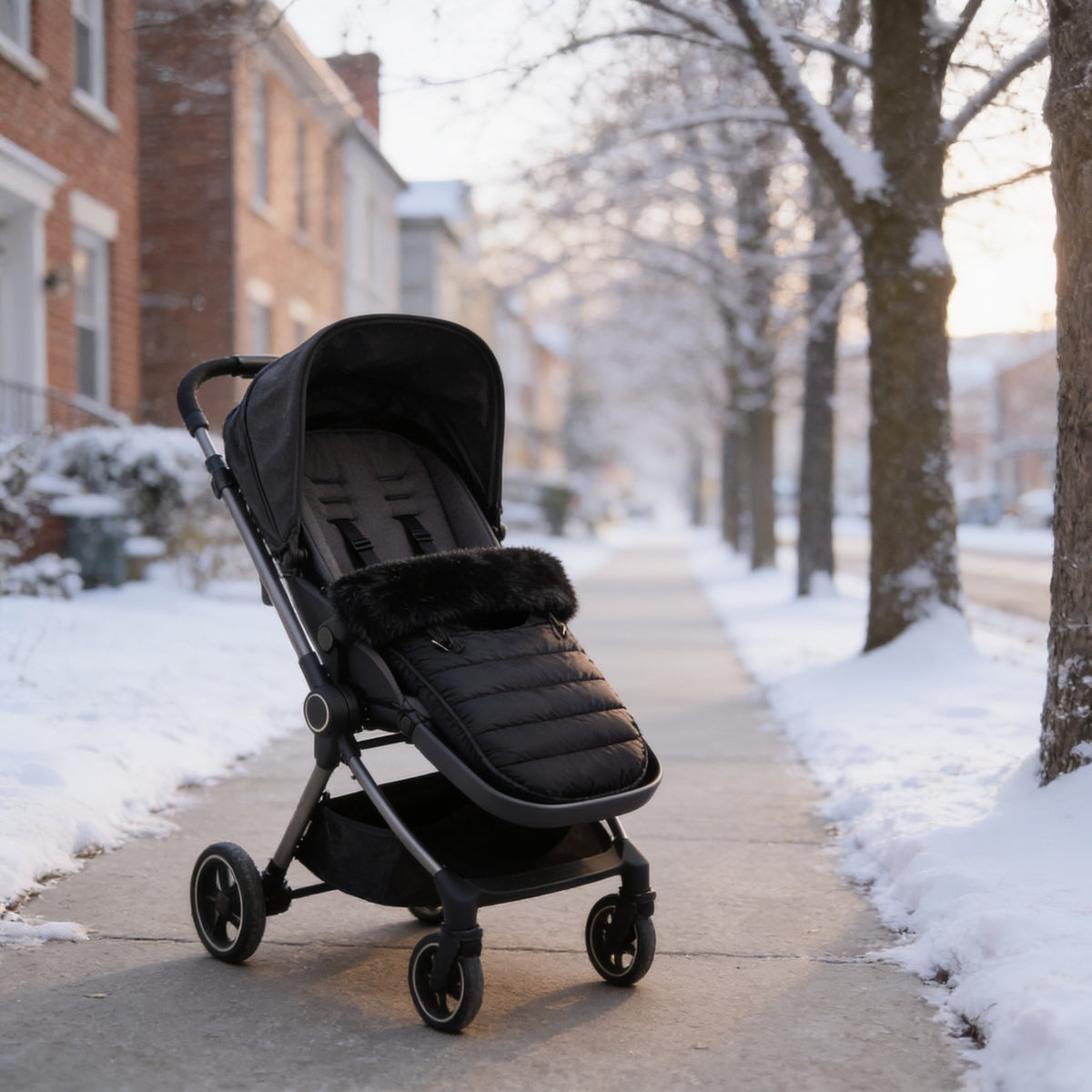 Lumiwee Mitten stroller bunting bag: footmuff in a stroller on a snowy sidewalk