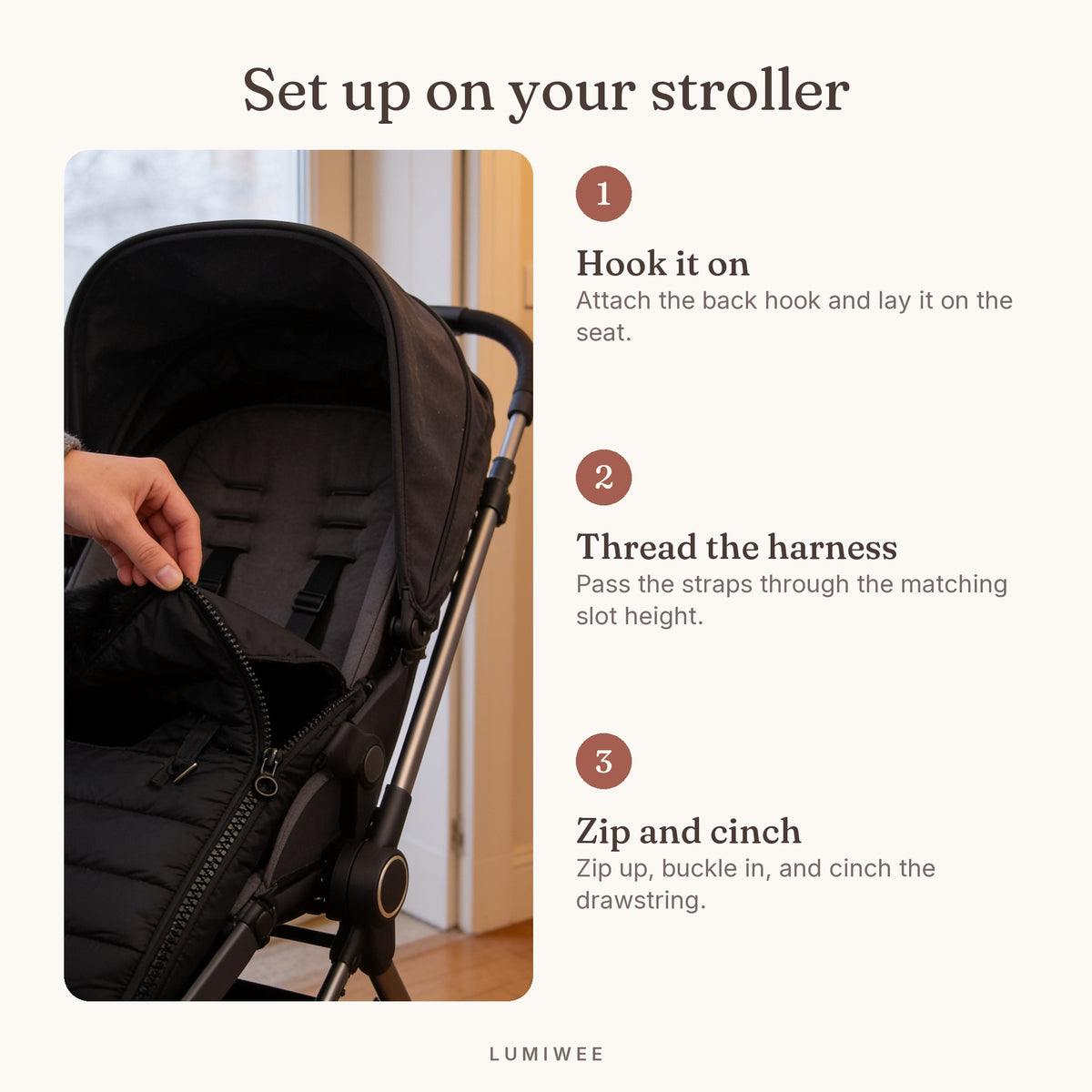 Lumiwee infographic: Mitten - Set up on your stroller