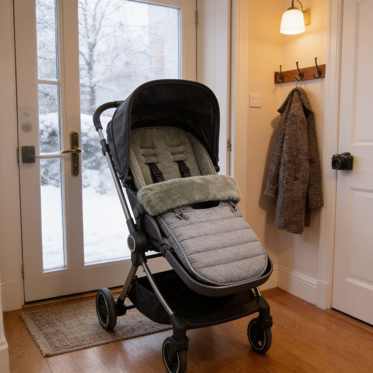 Lumiwee Mitten stroller bunting bag, Gray option, in a bright room