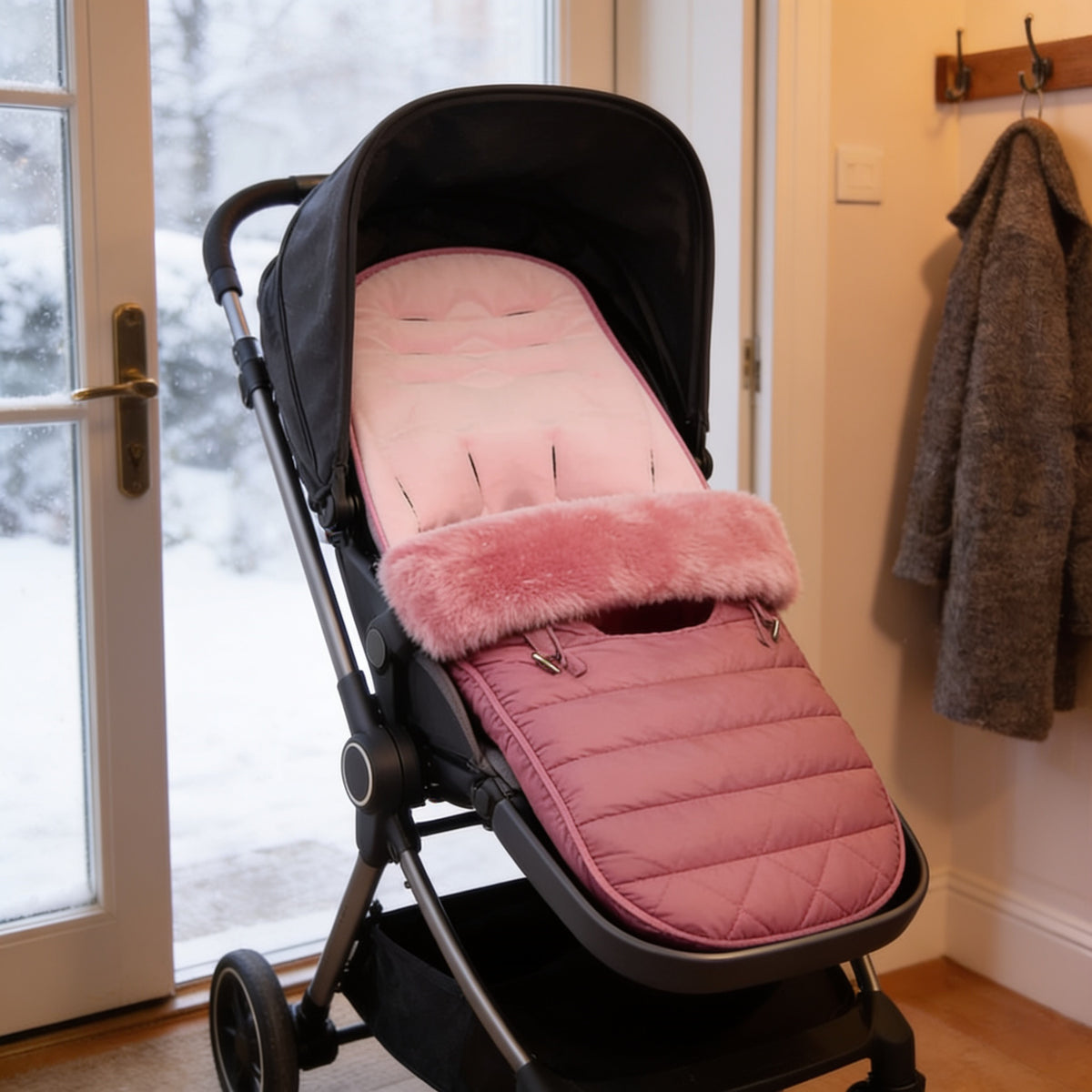 Lumiwee Mitten stroller bunting bag, Pink option, in a bright room