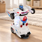 Lumiwee Morph transforming robot-car toy in raised robot mode on pale oak floor