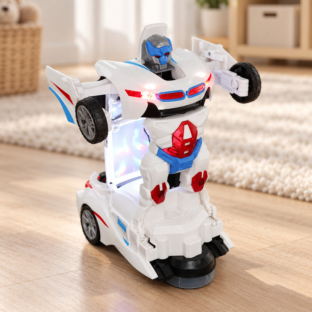 Lumiwee Morph transforming robot-car toy in raised robot mode on pale oak floor