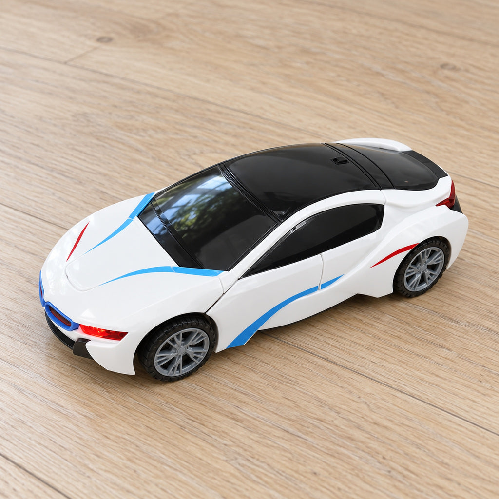 White transforming toy in closed car mode on pale oak floor