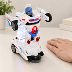 Robot-car toy beside an adult hand for scale