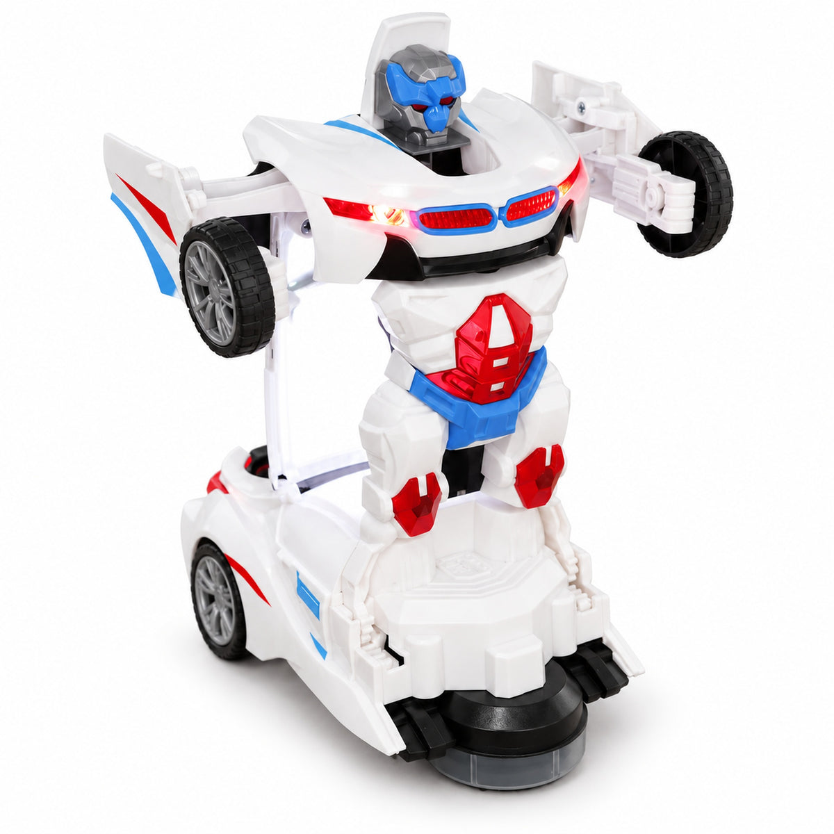 White transforming robot-car toy in robot mode on white