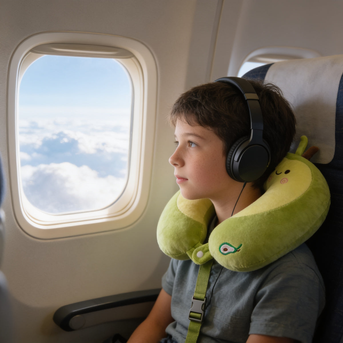 Lumiwee Nap U-shaped memory foam travel pillow: child wearing the avocado pillow by an airplane window