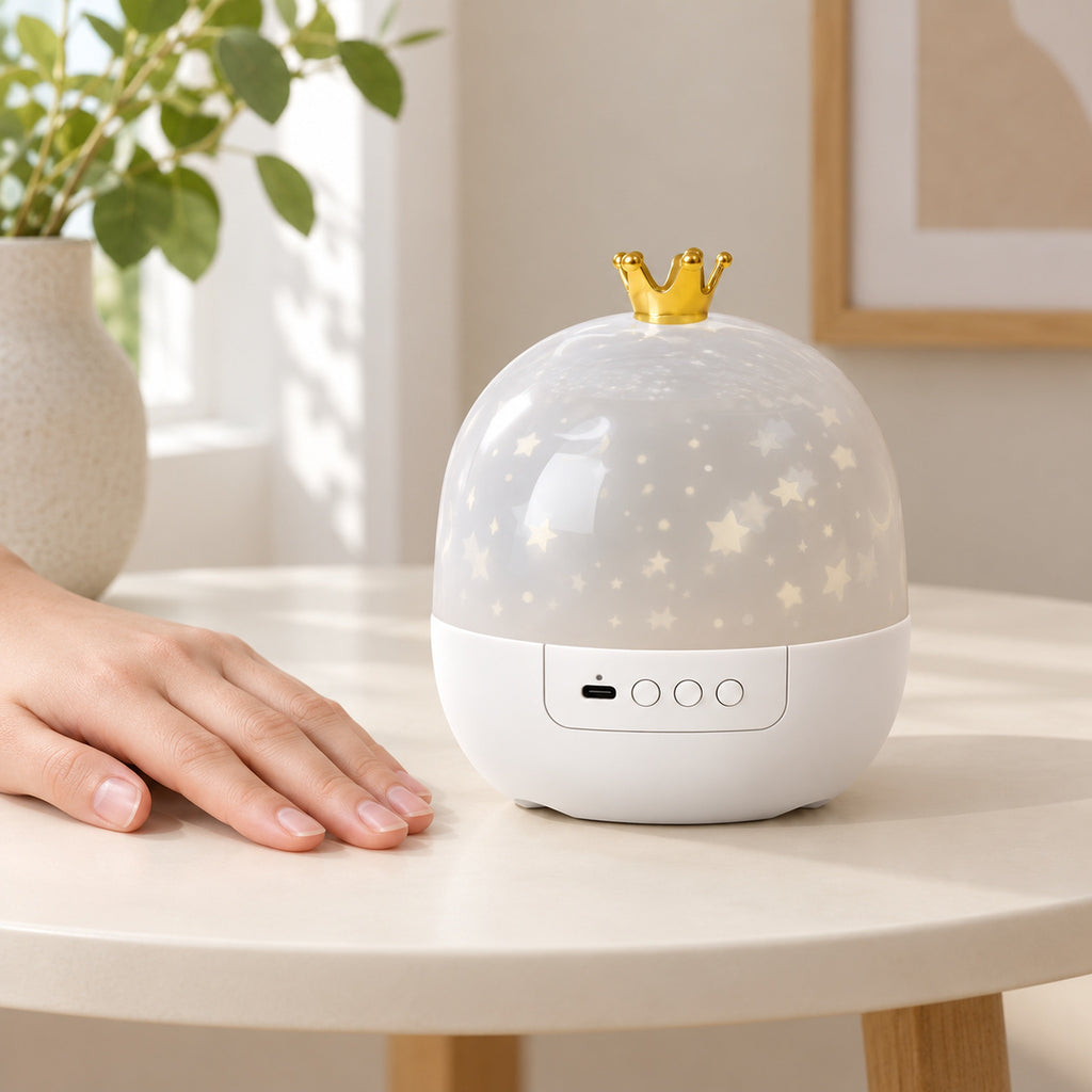 Compact Nova projector beside an adult hand for scale