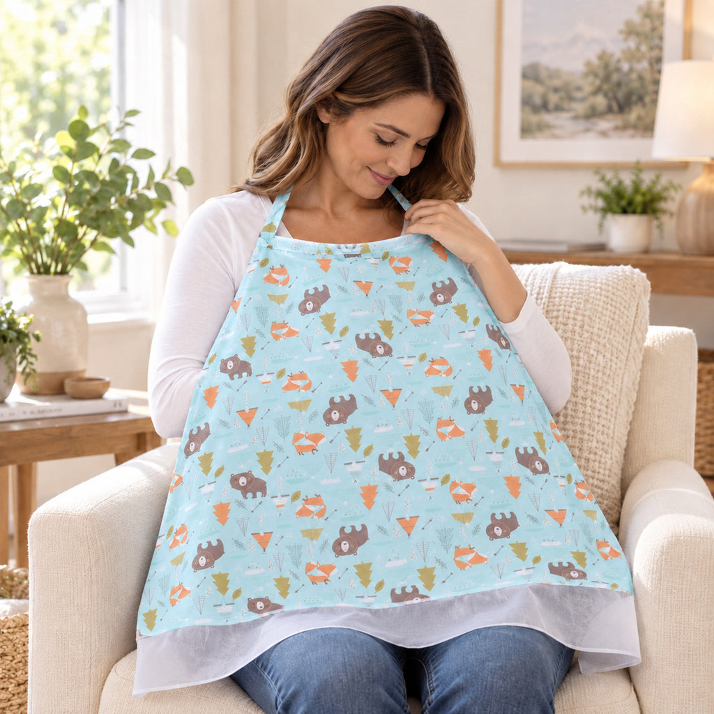 Adult adjusting the nursing cover's neck strap