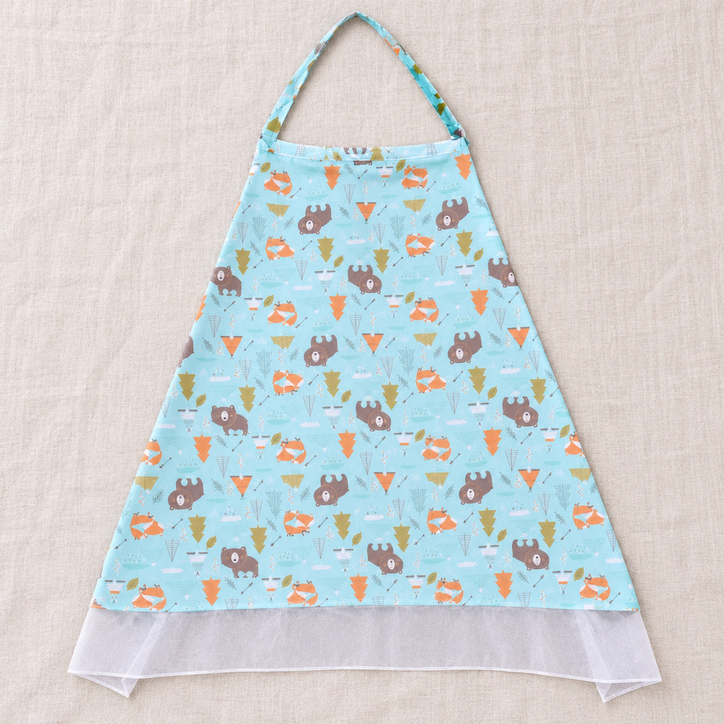 Single Bear-print nursing cover laid flat with its attached neck strap