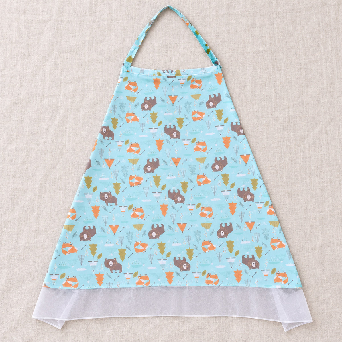 Single Bear-print nursing cover laid flat with its attached neck strap