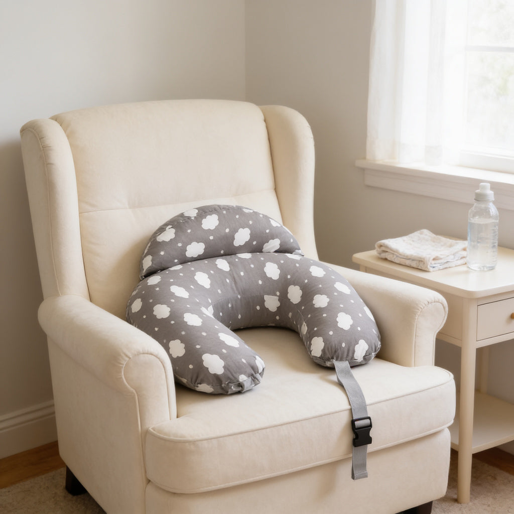 Lumiwee Nursing pillow with adjustable strap: gray cloud print nursing pillow on a glider chair