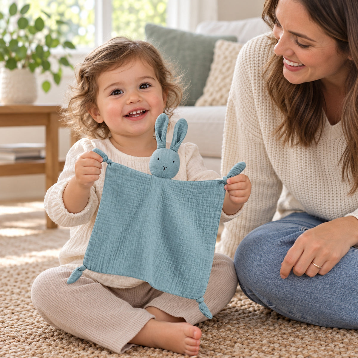 Awake toddler holding the blue bunny muslin lovey beside a parent during daytime floor play