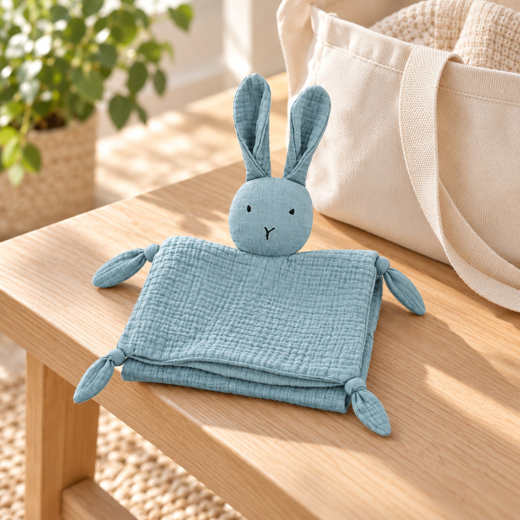 Blue bunny muslin lovey folded beside a travel tote