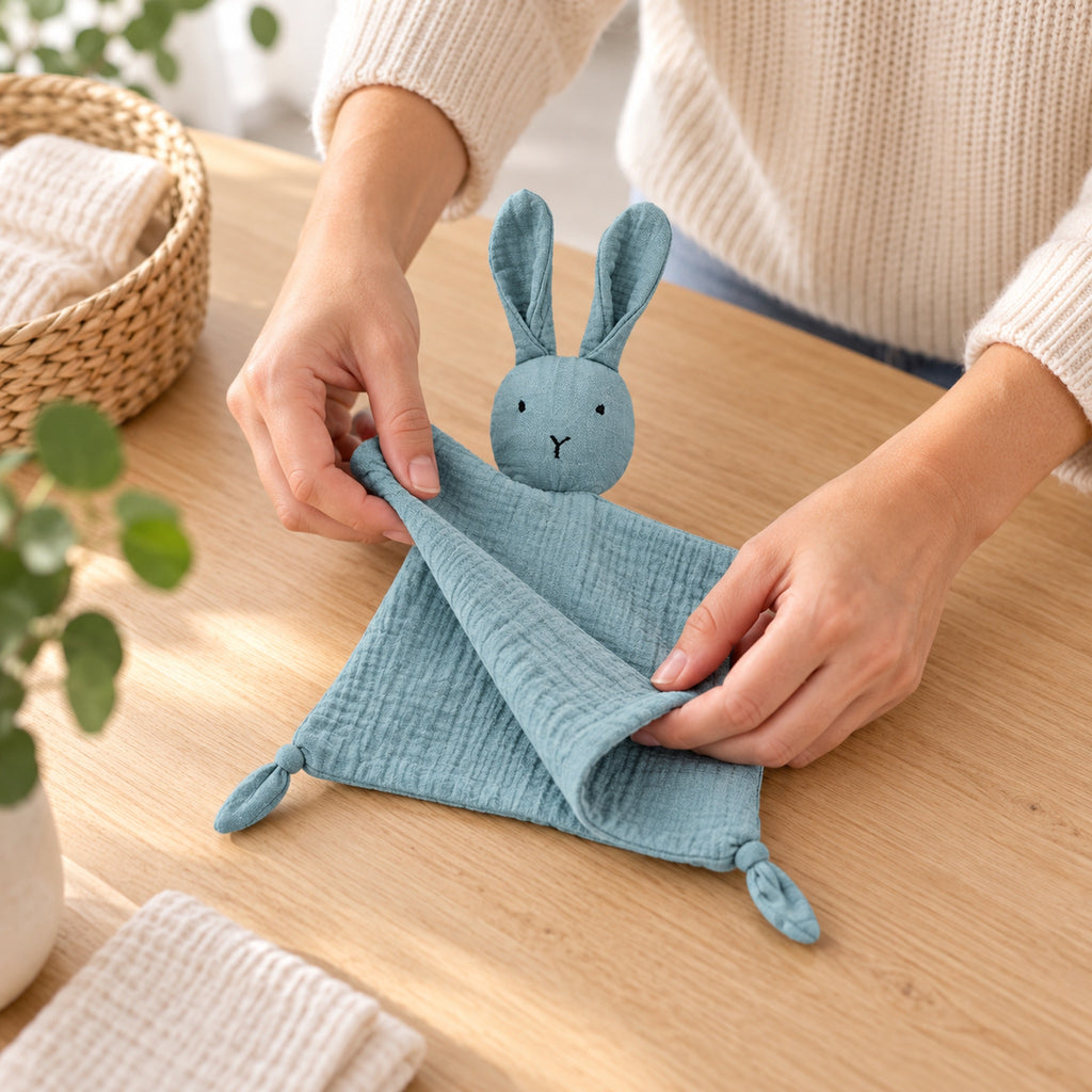 Adult folding the blue bunny muslin lovey for a bag