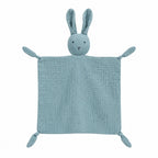 Blue bunny muslin lovey on a white background