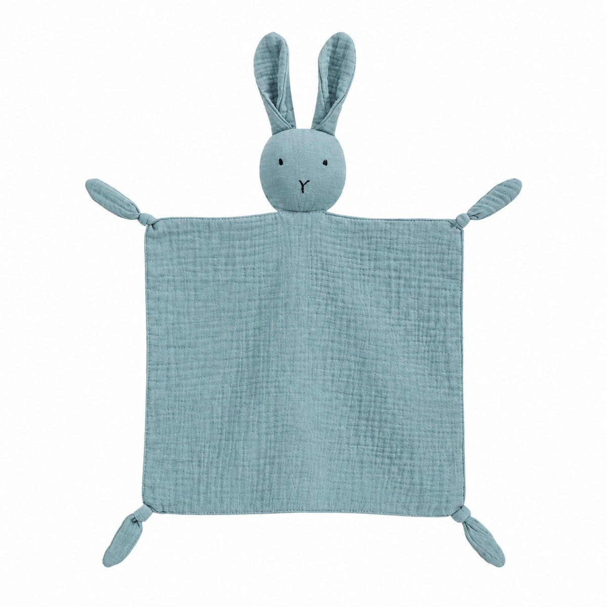 Blue bunny muslin lovey on a white background
