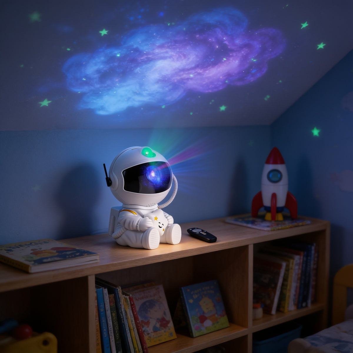 Lumiwee Orbit astronaut star projector: astronaut projector casting stars on a playroom ceiling
