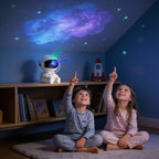 Lumiwee Orbit astronaut star projector: kids pointing at the stars on the ceiling