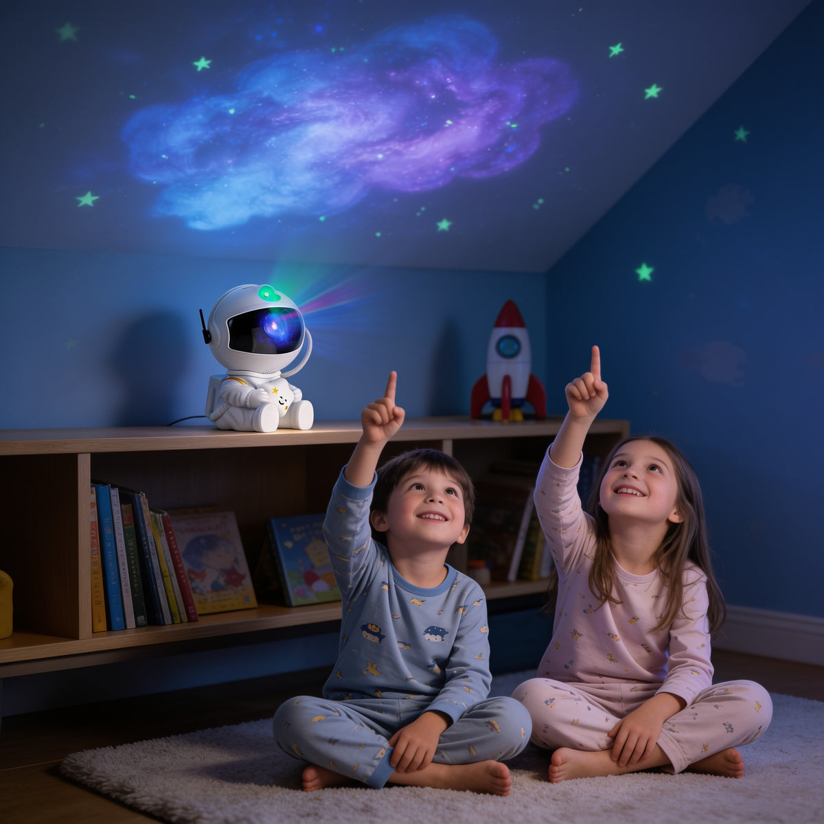 Lumiwee Orbit astronaut star projector: kids pointing at the stars on the ceiling