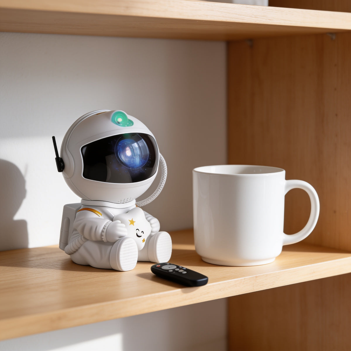 Lumiwee Orbit astronaut star projector: the projector next to a coffee mug for scale