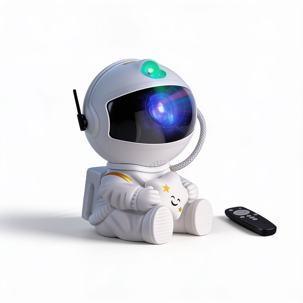 Lumiwee Orbit astronaut star projector: white astronaut star projector with remote on a white background