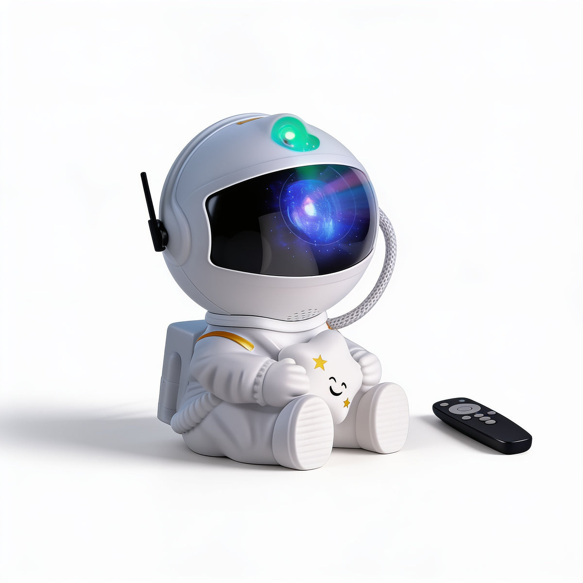 Lumiwee Orbit astronaut star projector: white astronaut star projector with remote on a white background