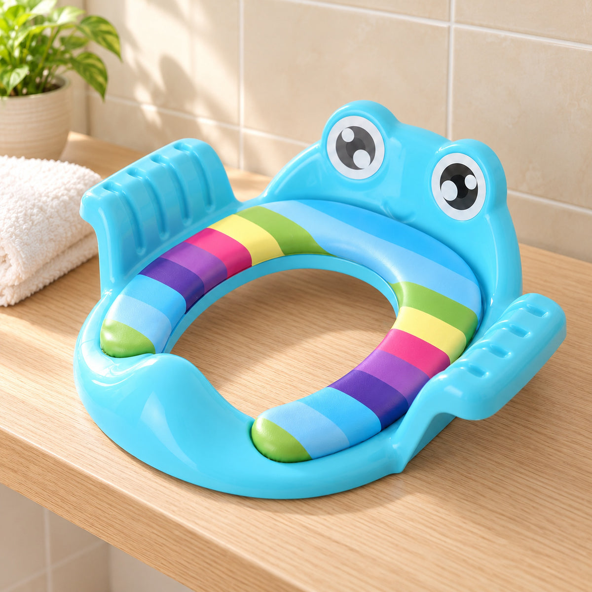 Blue padded potty training seat on a clean bathroom shelf