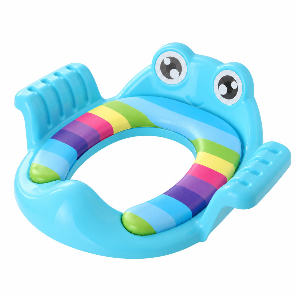Blue padded potty training seat on a white background